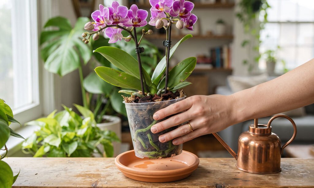 Substrato de orquídea sendo verificado antes de uma nova rega para evitar excesso de água.