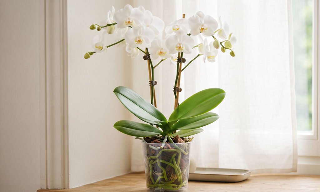 Orquídea cultivada próxima a uma janela com luminosidade adequada e luz filtrada.