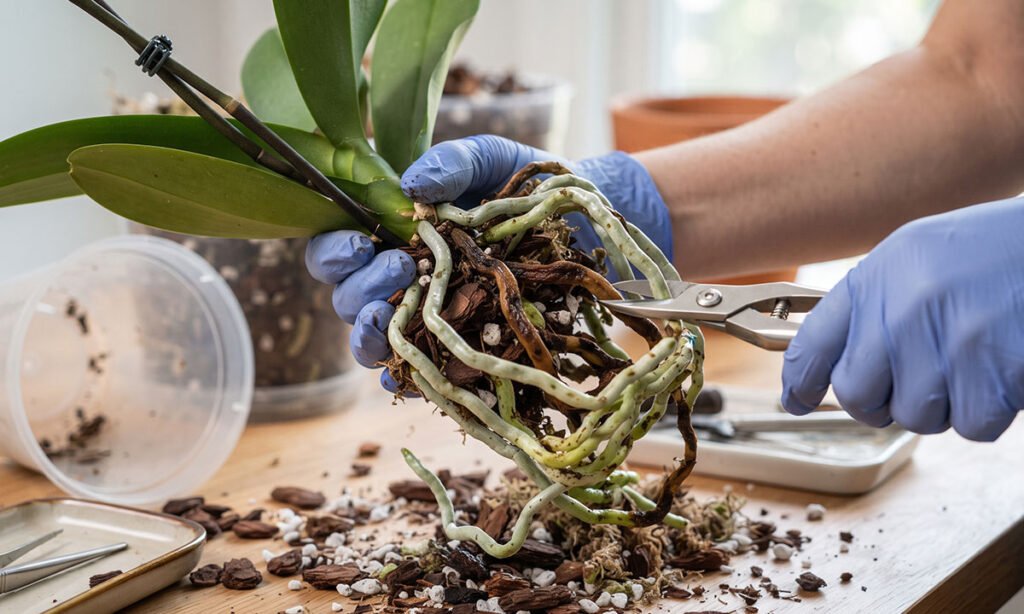 Inspeção de raízes saudáveis e deterioradas de uma orquídea durante o replantio.