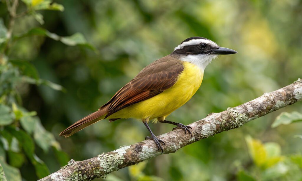 Características de identificação de um bem-te-vi adulto pousado em um galho.