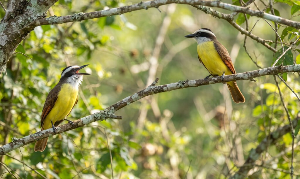 Dois bem-te-vis em galhos separados durante uma interação vocal.