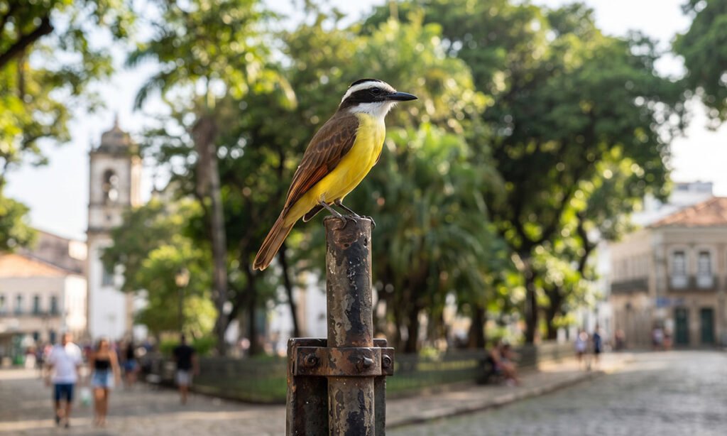 Bem-te-vi observando o ambiente a partir de um ponto elevado em uma área urbana arborizada.
