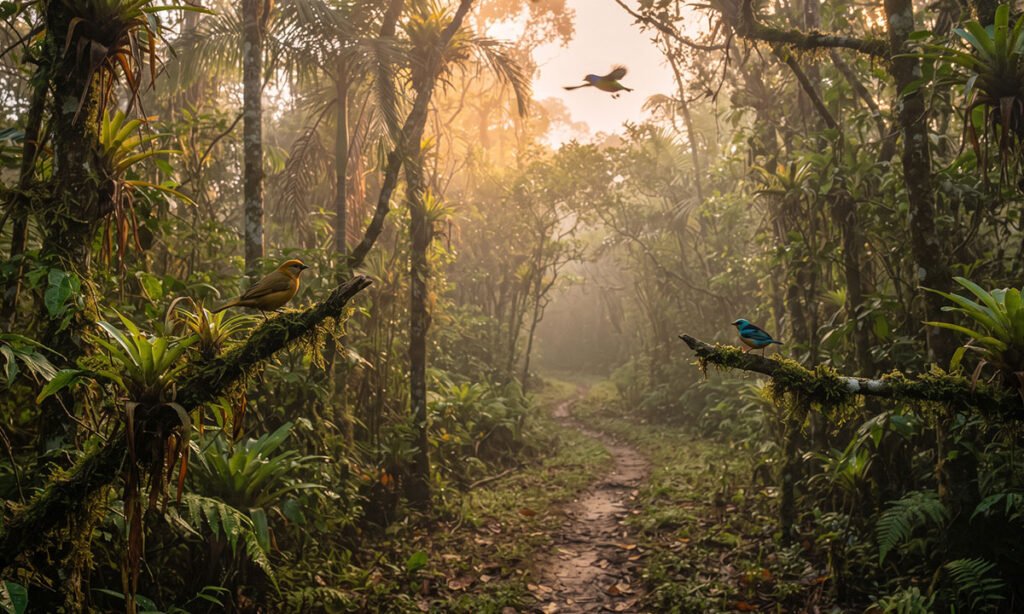 Aves iniciando suas atividades em uma área arborizada durante o amanhecer.