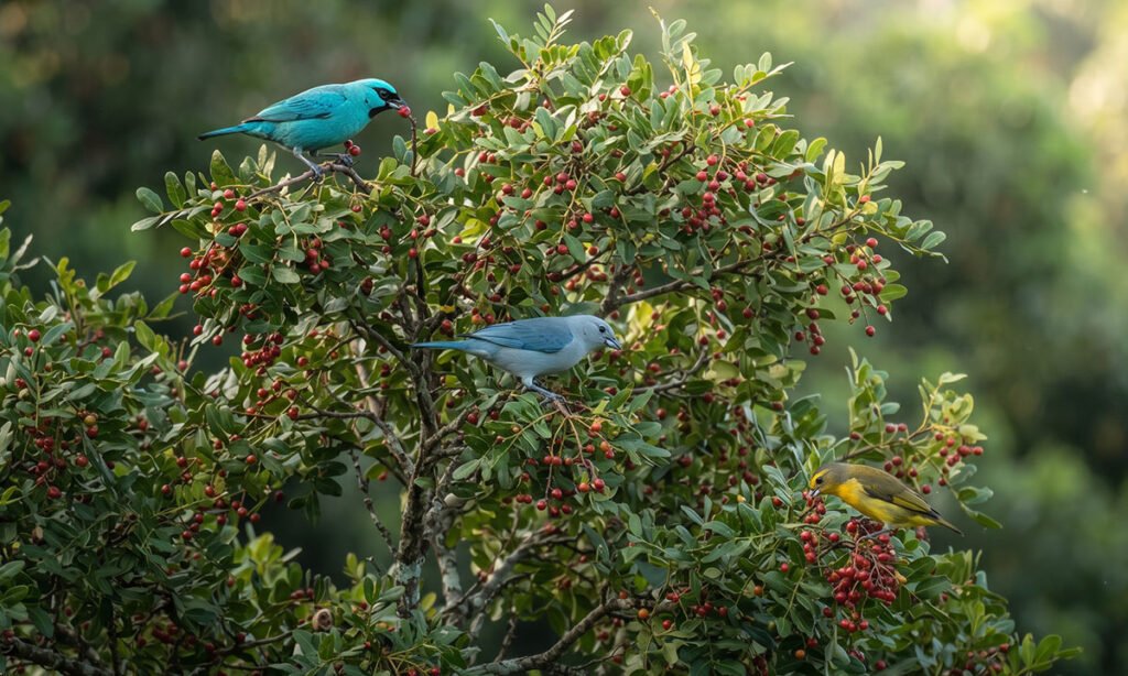 Diferentes aves visitando uma árvore com frutos durante uma manhã de observação.