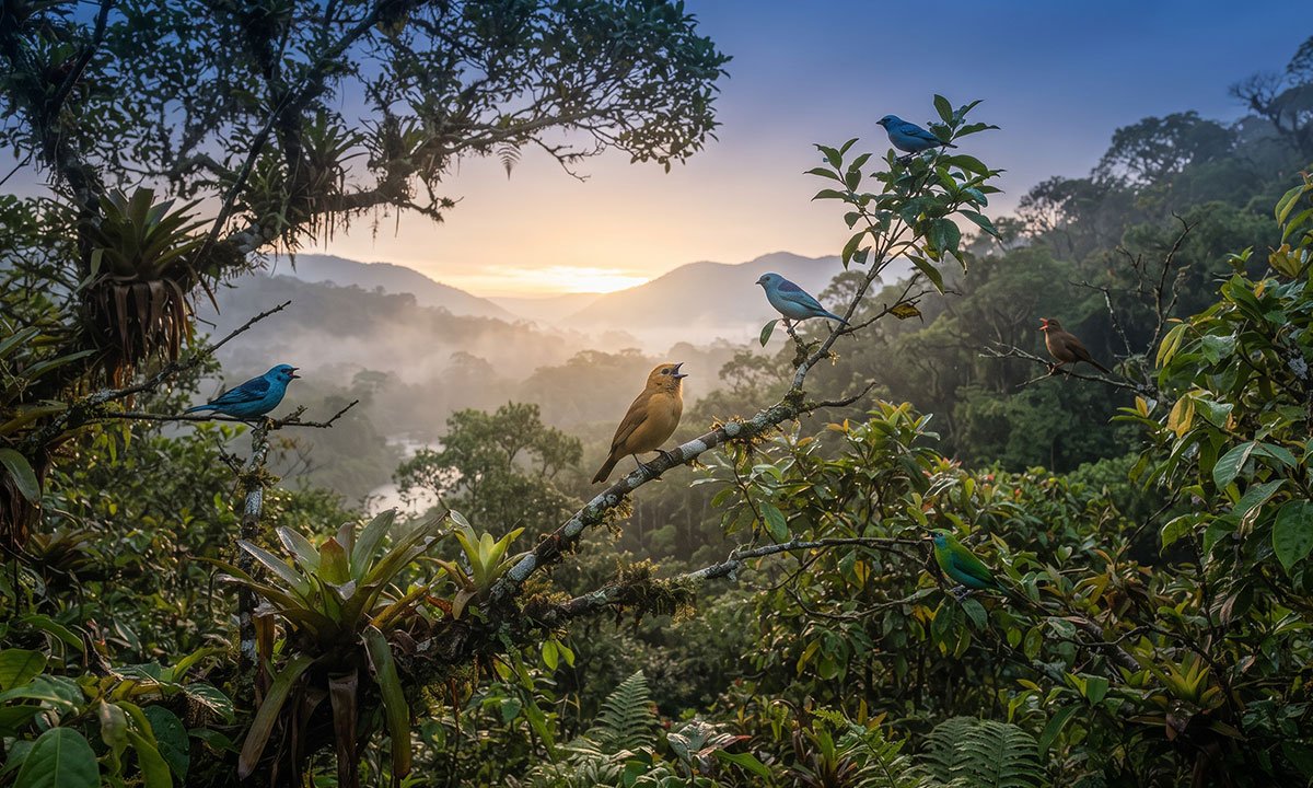 Diferentes aves vocalizando em uma paisagem brasileira durante o amanhecer.