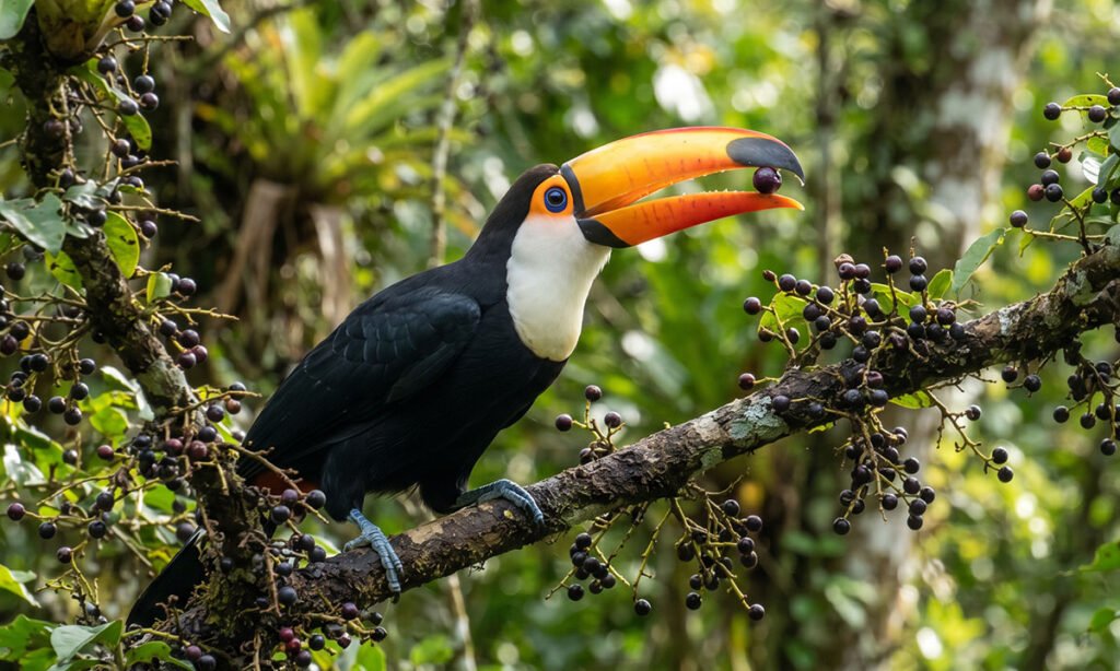 Tucano utilizando o bico para colher um fruto diretamente de uma árvore.