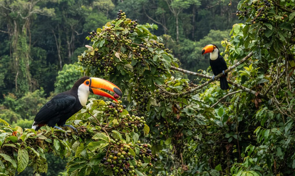 Tucanos em árvore frutificando em ambiente de mata brasileira.