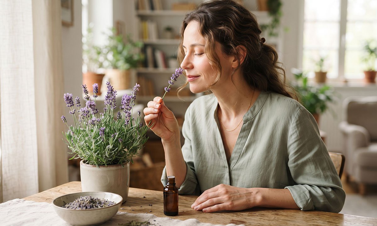 Mulher percebendo o aroma de lavanda em um ambiente tranquilo.