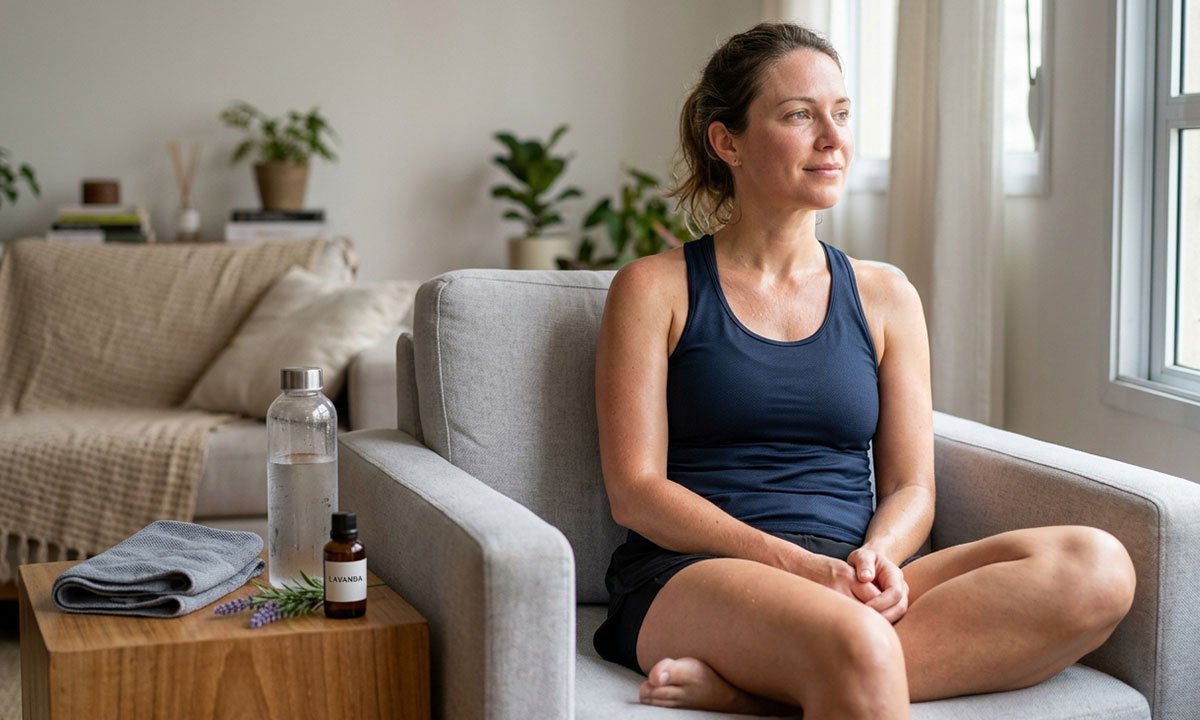Momento de descanso após o treino com água e um produto aromático usado como parte da rotina de relaxamento.