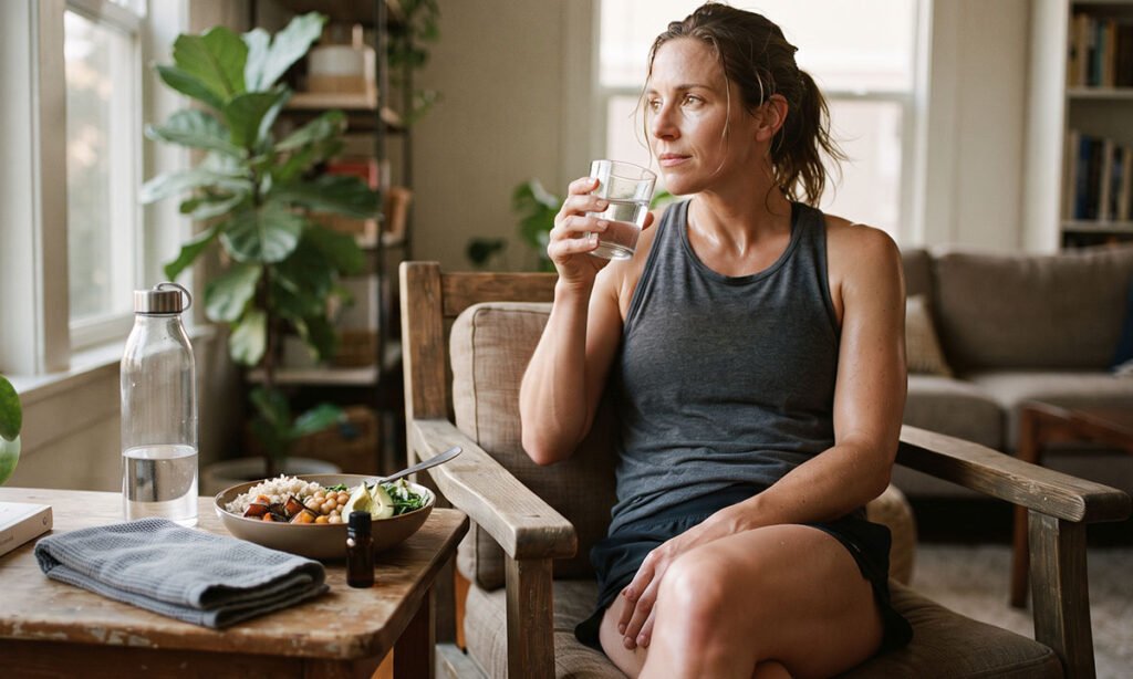 Hidratação e alimentação como partes principais da recuperação após o treino, com aromaterapia como complemento.