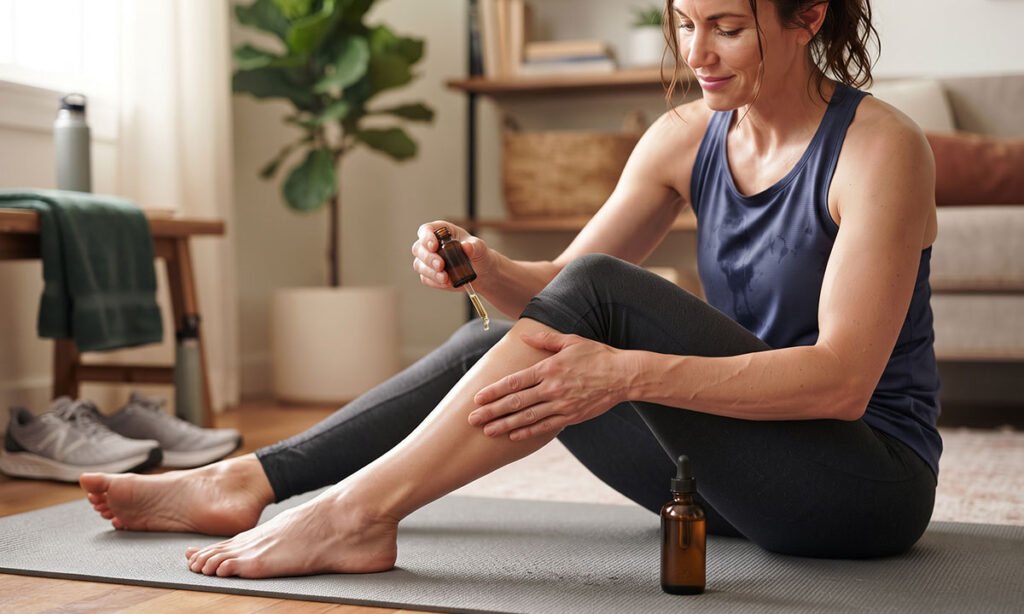 Massagem suave na panturrilha como parte de uma rotina de relaxamento após o exercício.