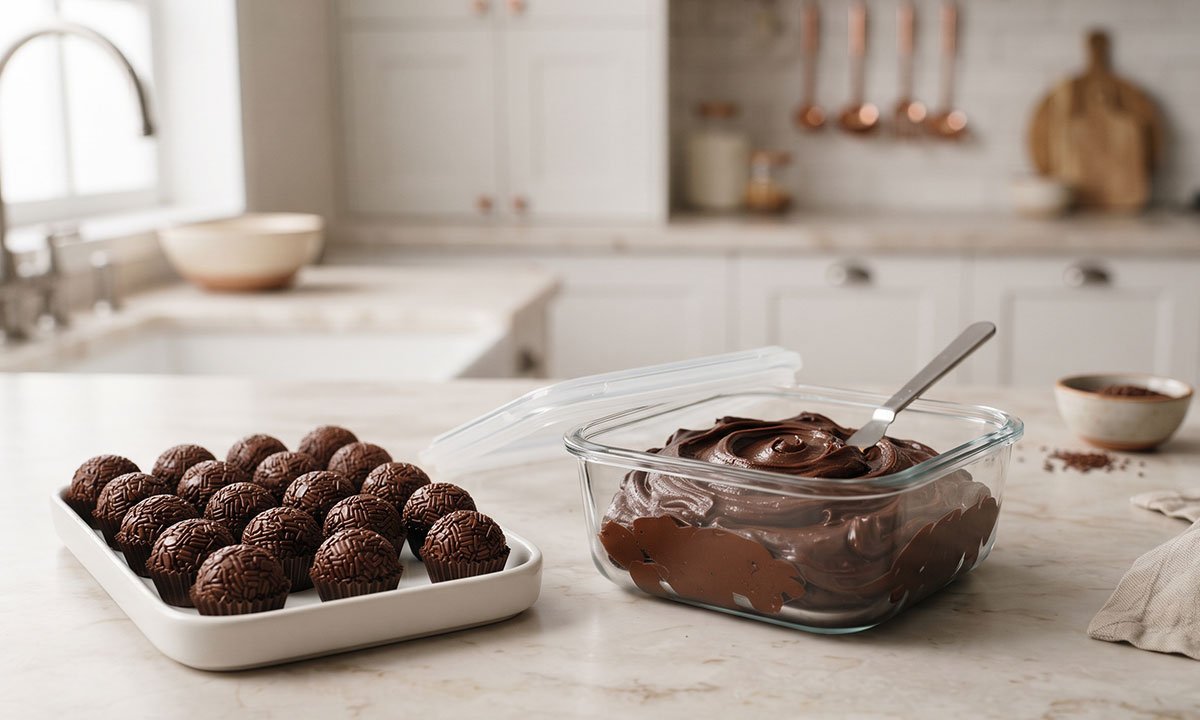 Brigadeiros gourmet e massa de brigadeiro preparados corretamente para congelamento.