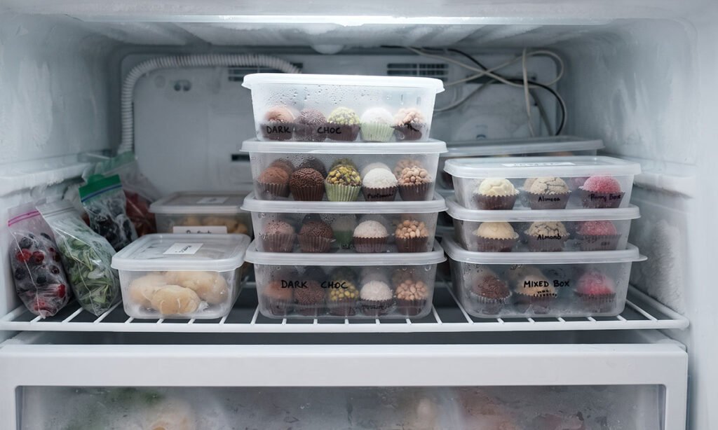 Brigadeiros gourmet armazenados em embalagens adequadas dentro de um freezer organizado.