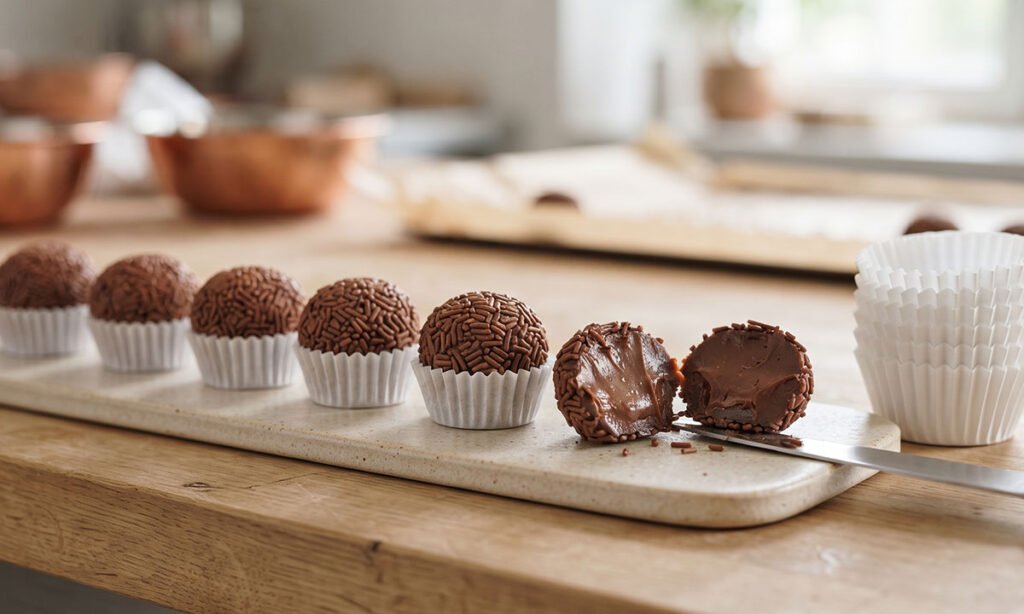 Massa de brigadeiro gourmet dividida em porções antes de ser congelada.