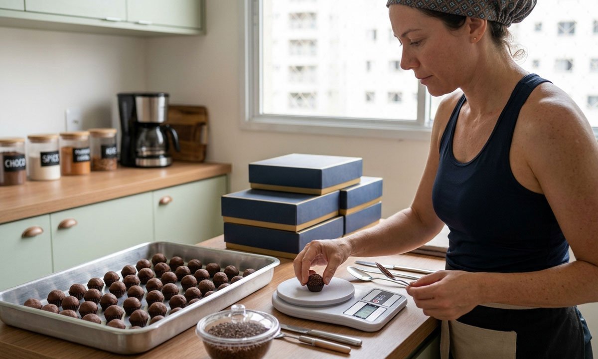 Empreendedora pesando brigadeiros gourmet para padronizar a produção e controlar custos.