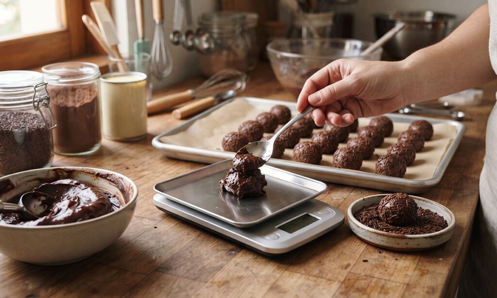 Brigadeiros gourmet sendo pesados para manter tamanho e custo por unidade padronizados.