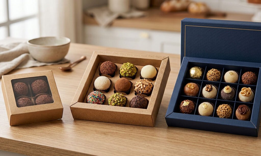 Diferentes apresentações de brigadeiros gourmet para trabalhar ticket e posicionamento de venda.