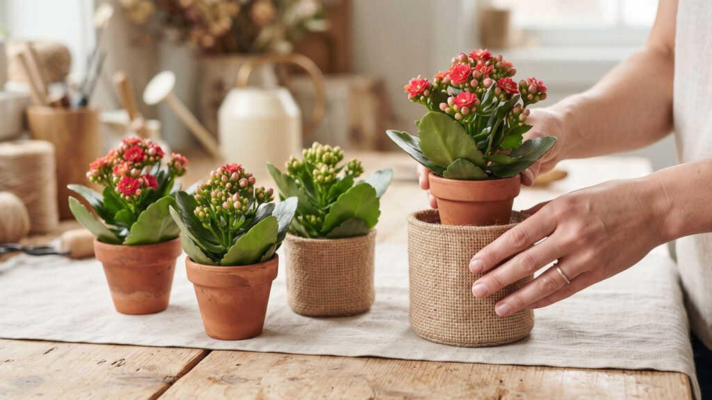 Mini Kalanchoes saudáveis sendo selecionadas e colocadas em cachepôs para lembrancinhas.