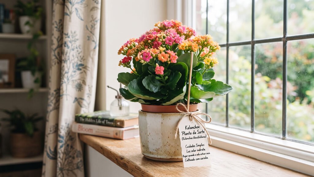 Mini Kalanchoe recebida como lembrancinha sendo cultivada perto de uma janela em casa.