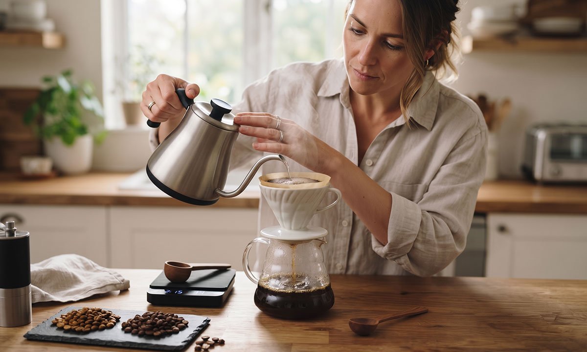 Café coado sendo preparado para identificar e corrigir uma acidez excessiva na xícara.