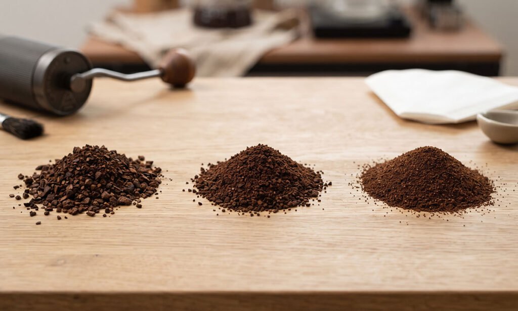 Diferentes ajustes de moagem utilizados para controlar a extração e o sabor do café.