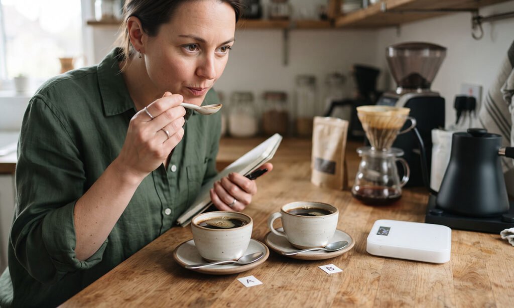 Comparação de duas xícaras de café preparadas com pequenos ajustes para encontrar melhor equilíbrio de acidez.