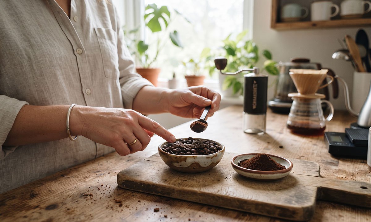 Comparação entre café em grãos e café moído durante a preparação de uma xícara mais aromática.