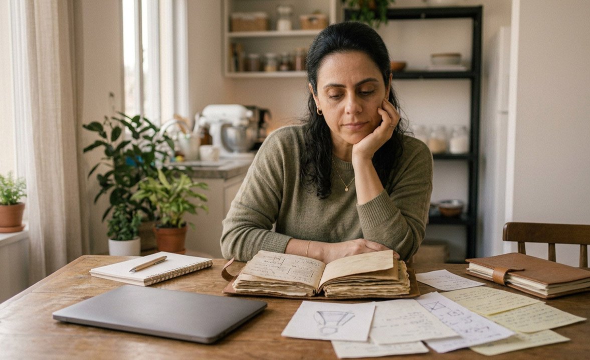 Mulher refletindo sobre continuar ou mudar um projeto no qual já investiu tempo e esforço.