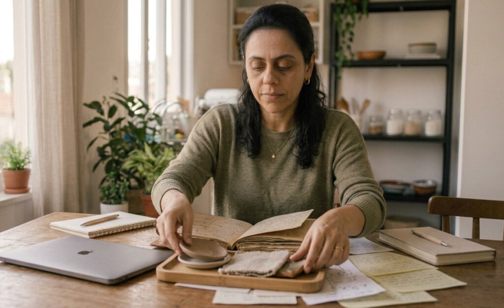 Mulher reorganizando um plano para testar uma estratégia diferente antes de decidir se continua.