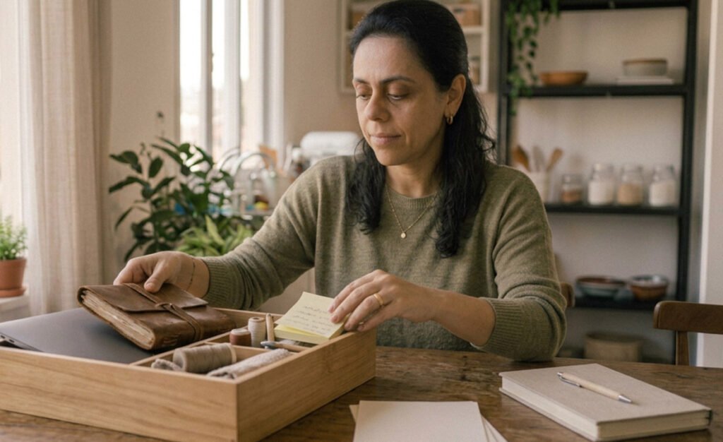 Mulher organizando materiais de um projeto antigo e liberando espaço para uma nova prioridade.