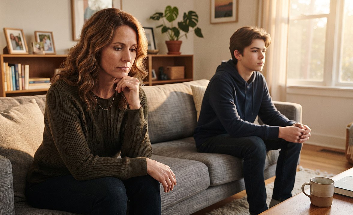 Mãe e filho adolescente após uma conversa difícil, representando a sensação de não ser ouvida.