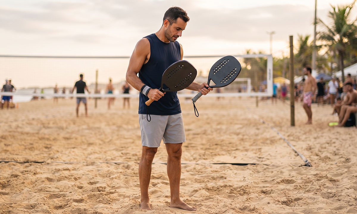 Jogador comparando duas raquetes de Beach Tennis antes de escolher qual usar.