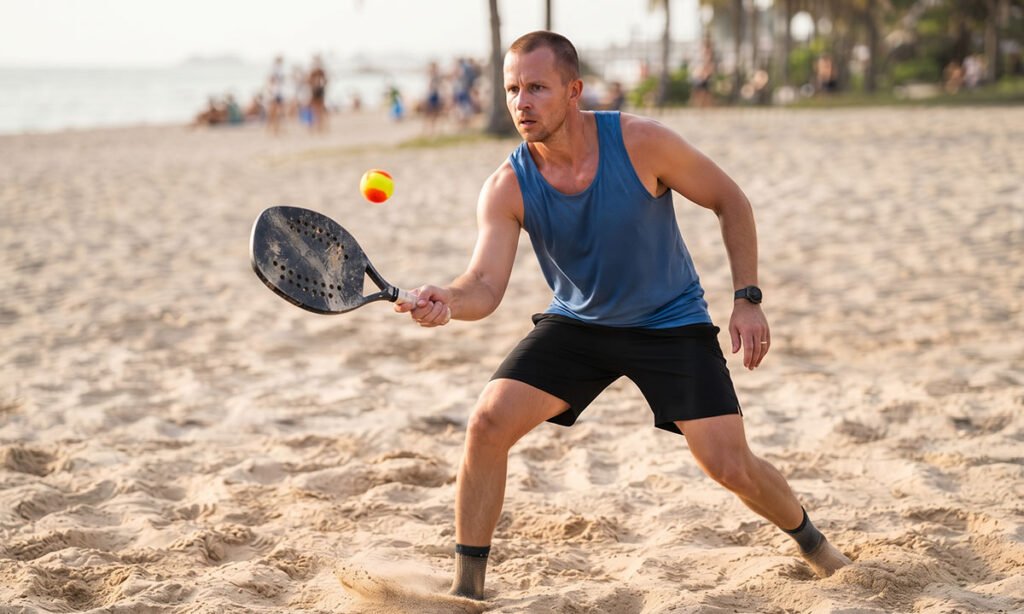 Jogador testando uma raquete de Beach Tennis em uma troca de bola na quadra.